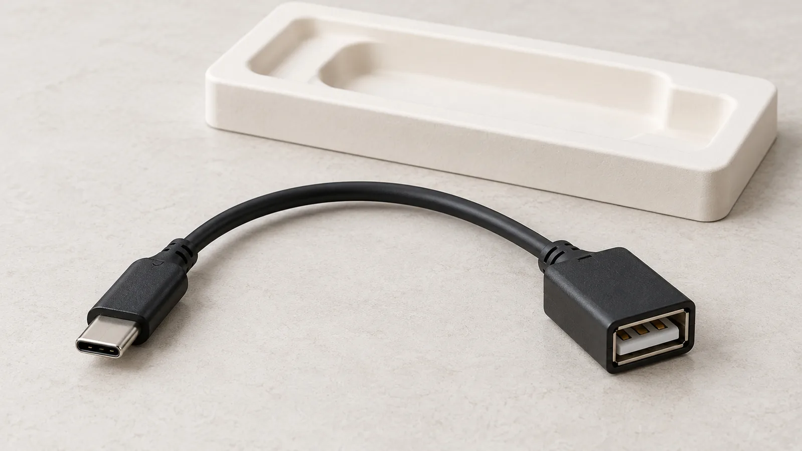 كابل محول USB عام مع طرفي الموصل مرئيان على سطح فحص محايد