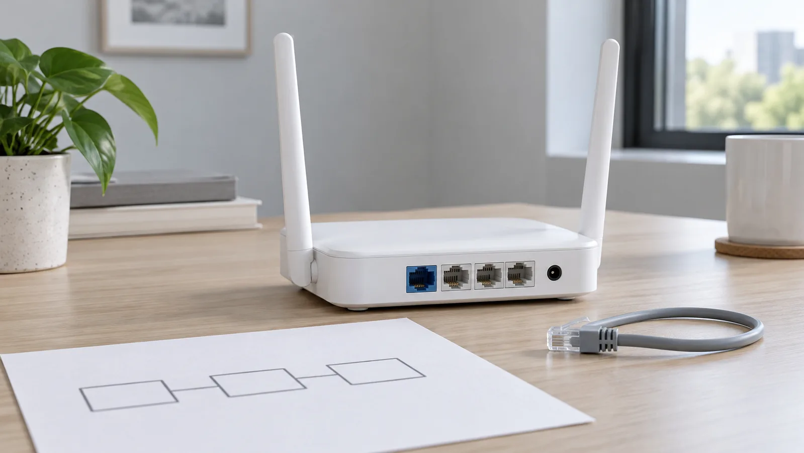 جهاز توجيه Wi-Fi لسطح المكتب باللون الأبيض بدون علامة تجارية مع منافذ إيثرنت خلفية مرئية بجانب رسم تخطيطي بسيط للشبكة