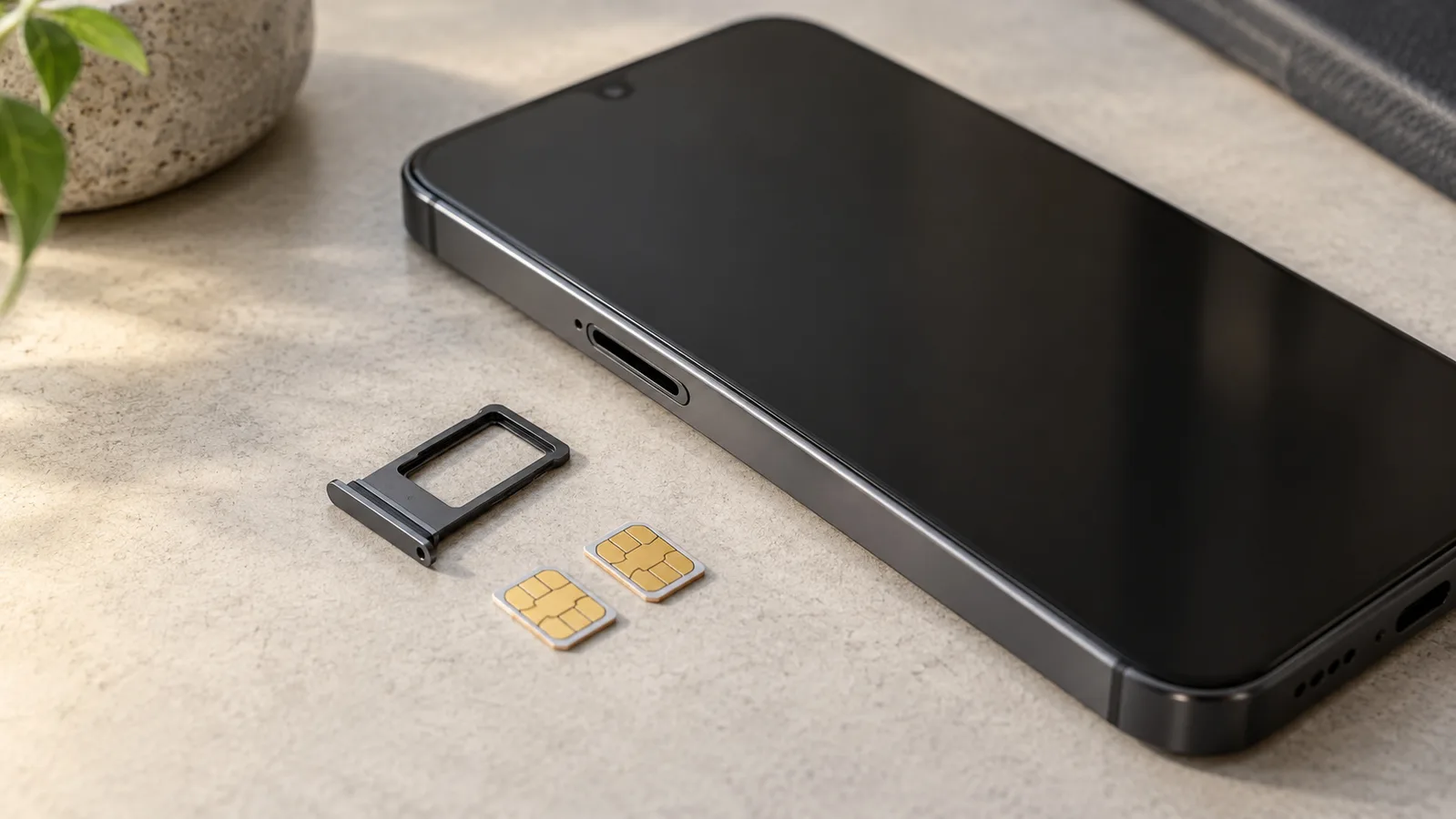هاتف ذكي بدون علامة تجارية بجانب درج SIM منفصل وبطاقتي SIM، مما يوضح دعم البطاقة الفعلية